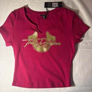 True Religion burgundy & pink crop top with gold glitter logo